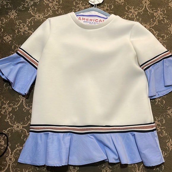 Moelleux white scuba top with denim ruffle - Picture 1 of 2